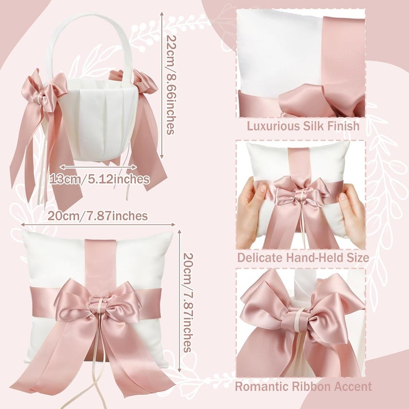 Ferrochef 2 Pcs Flower Girl Baskets and Ring Bearer Pillow Set Pink Satin Bowknot Flower Baskets White Ring Bearer Pillow Ivory Satin Wedding Fairy Decor for Wedding Party Ceremony - Image 2